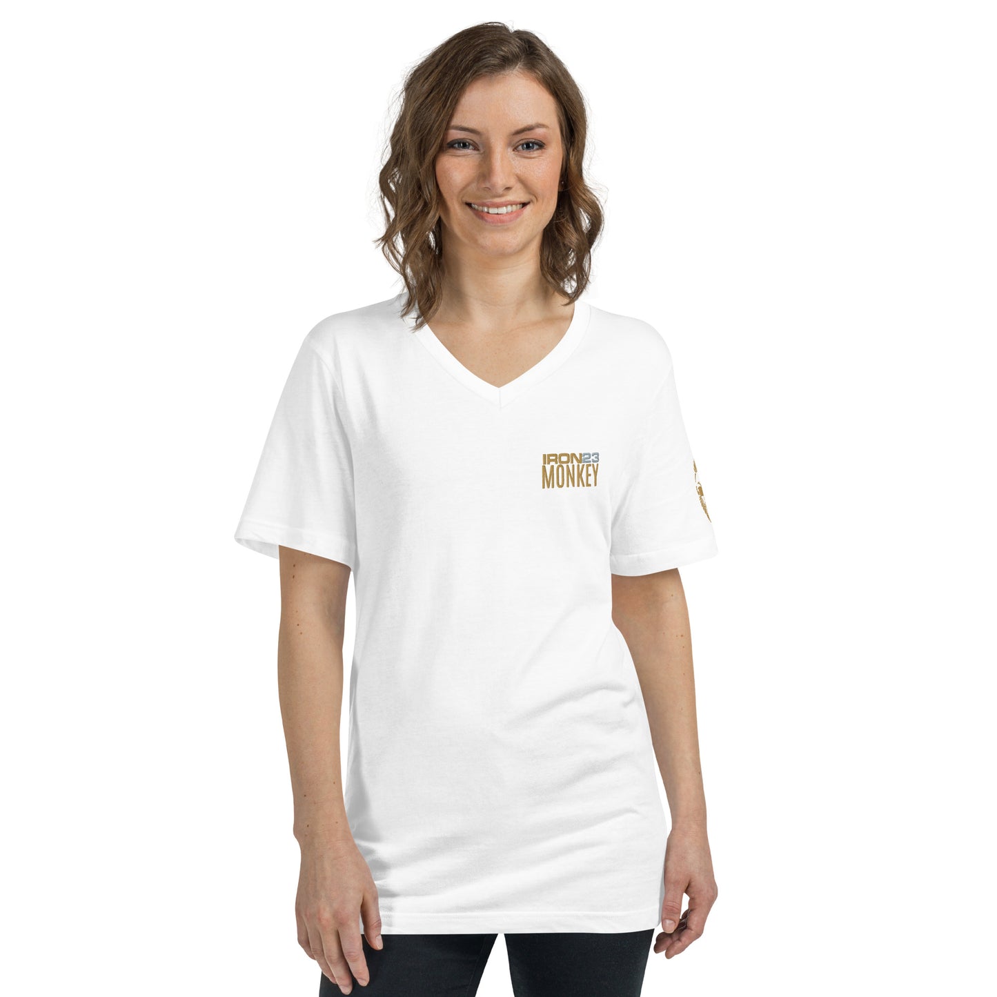 Unisex Baumwoll T-Shirt mit V-Ausschnitt in Weiß, kurze Ärmel, reguläre Passform, Sportswear Iron Monkey 23.