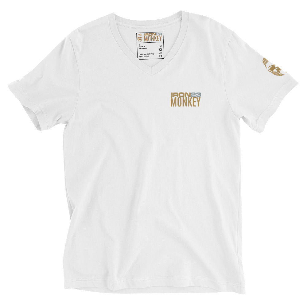 Unisex Monkey T-Shirt von Sportswear Iron Monkey in Weiß, V-Ausschnitt, kurze Ärmel, 100% Baumwolle, reguläre Passform.