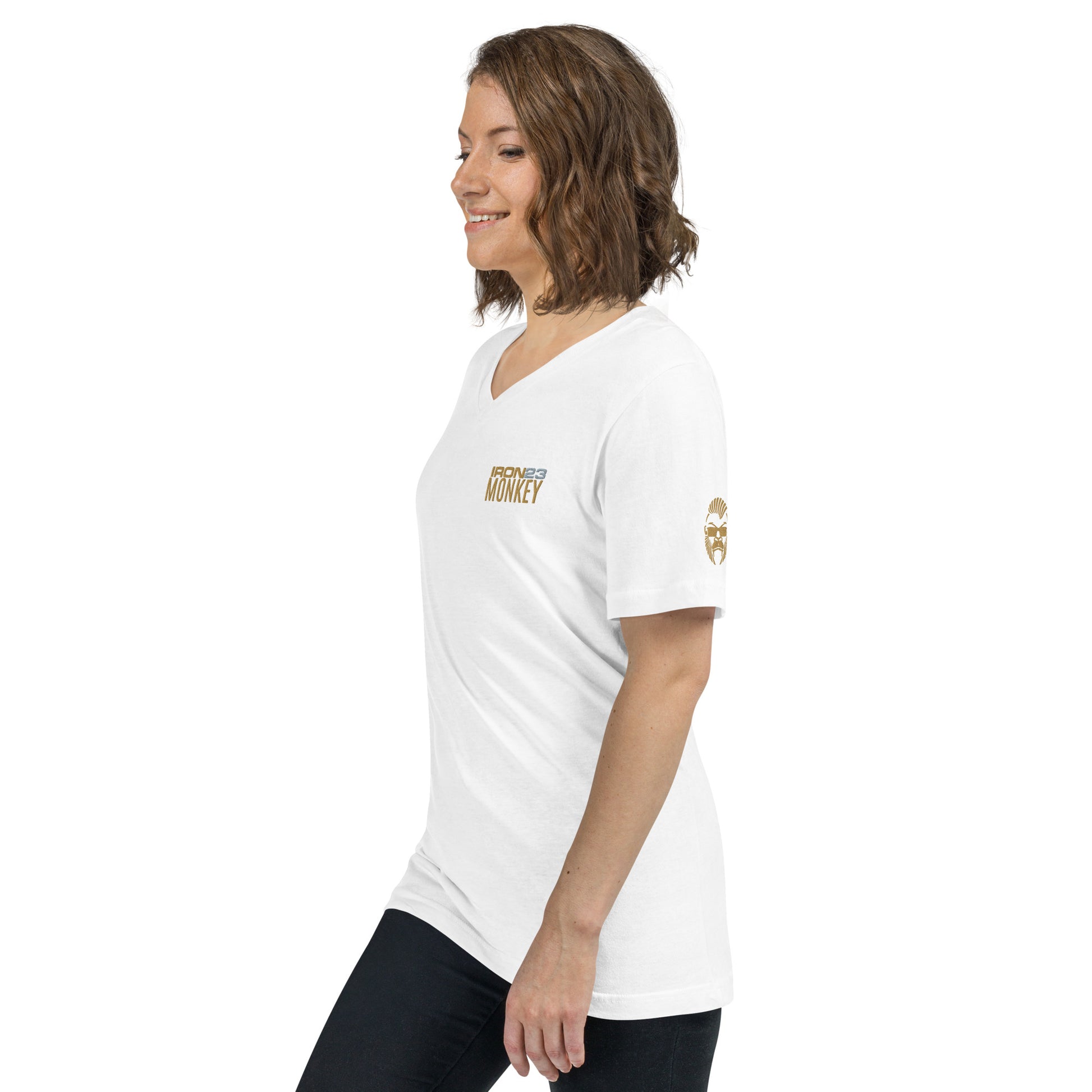 Unisex Monkey T-Shirt mit V-Ausschnitt, weiß, kurze Ärmel, 100 % Baumwolle, Regular Fit, von Sportswear Iron Monkey 23