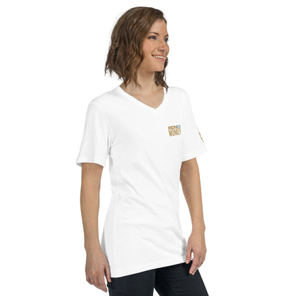 Unisex Monkey T-Shirt mit V-Ausschnitt, weiß, kurze Ärmel, 100% Baumwolle, Sportswear Iron Monkey 23, rechte Vorderseite.