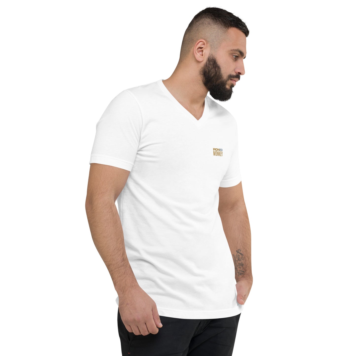 Weißes Unisex T-Shirt mit V-Ausschnitt, kurze Ärmel, 100 % Baumwolle, regular fit, von Sportswear Iron Monkey 23.